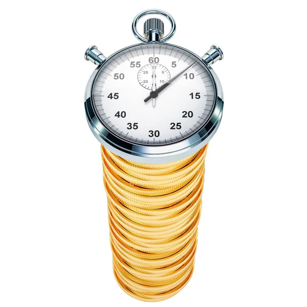 Czas Jest Koncepcja Pieniądza Chronometr Stosie Złote Monety Renderowania — Zdjęcie stockowe