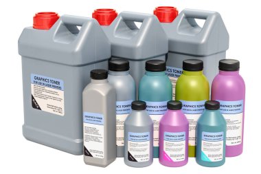 Renkli lazer toner tozu kullanılmak üzere lazer yazıcılar, 3d render beyaz arka plan üzerinde izole şişelerde kümesi
