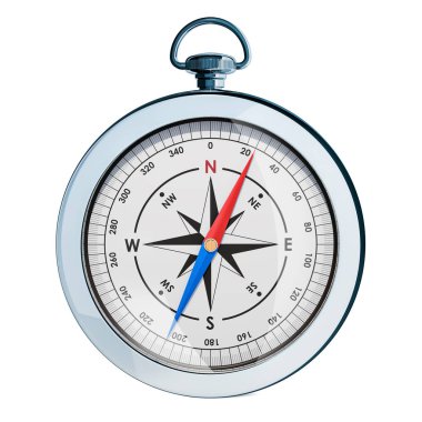 Gümüş manyetik pusula, beyaz arka plan üzerinde izole 3d render