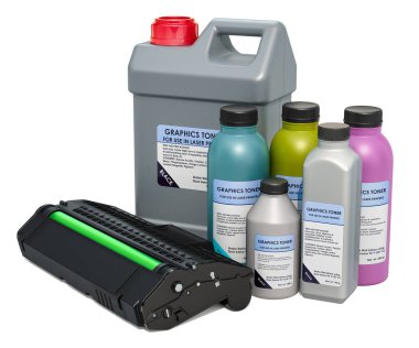 Renkli grafik Toner şişelerde, 3d render beyaz arka plan üzerinde izole et tipi Toner Kartuşu