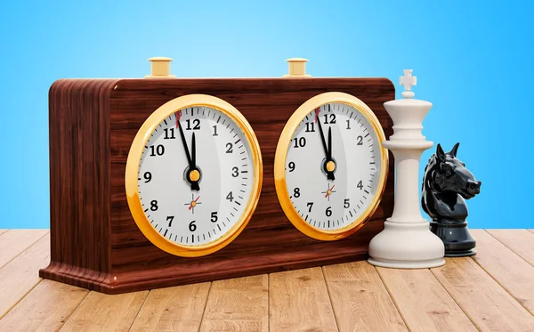 Chess Clock Chess Figures Wooden Table Rendering — Stock Photo, Image