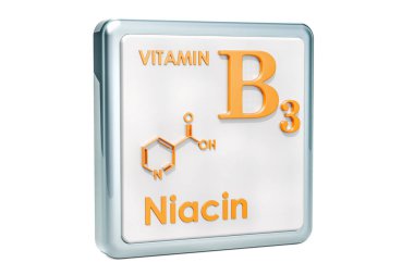 B3 vitamini, niasin. Simge, beyaz arka plan üzerinde kimyasal formül, moleküler yapısı. 3D render