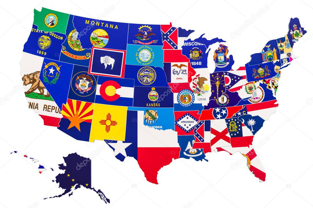 United States of America map with state flags, 3D rendering isolated on white background