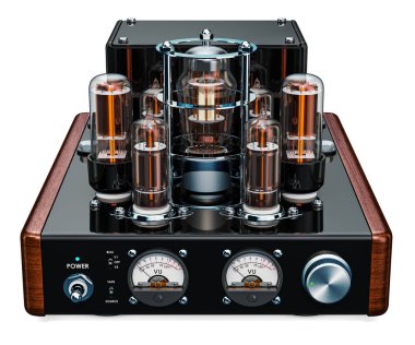 Vintage stereo amplifikatör, beyaz arka plan üzerinde izole 3d render