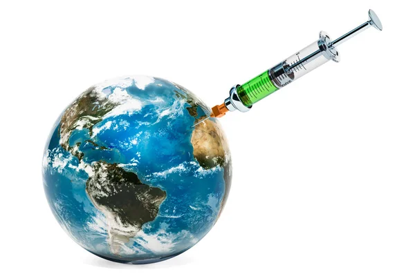 地球与注射器 疫苗教育的概念 在白色背景上隔离3D — 图库照片