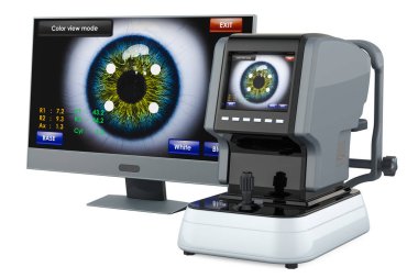 Otomatik refraktometre ile bilgisayar monitörü, beyaz arka plan üzerinde izole 3d render