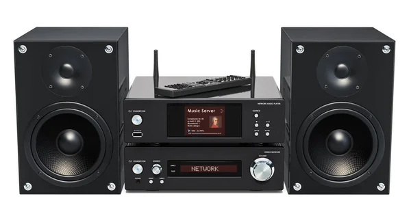 Home Stereo Installatie Netwerk Audio Speler Stereo Ontvanger Luidsprekers Rendering — Stockfoto