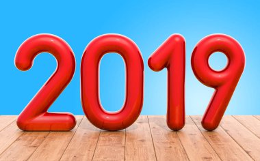 Ahşap masa mutlu yeni yıl 2019 kavram. 3D render