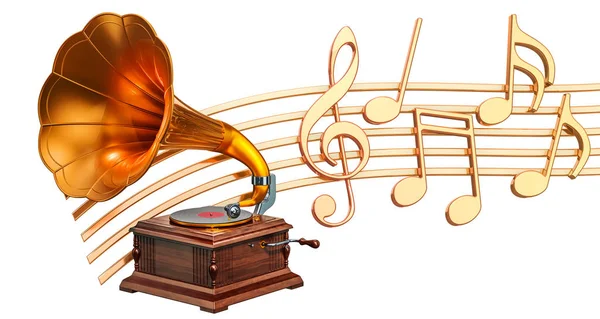 Musikalisches Konzept Grammophon Mit Noten Darstellung Isoliert Auf Weißem Hintergrund — Stockfoto