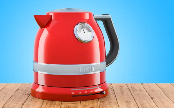 Red stainless electric tea kettle, retro design on the wooden table. 3D rendering