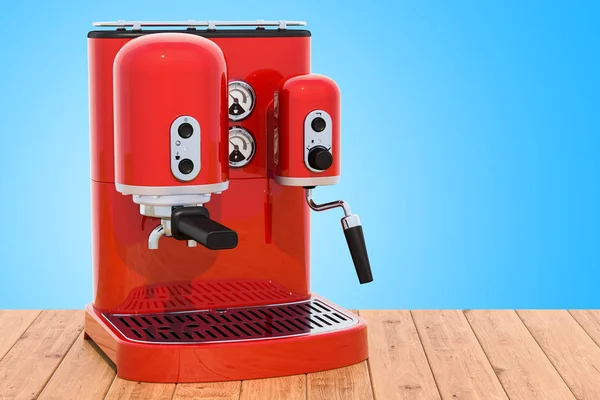 Rode Koffiezetapparaat Retro Design Van Koffiemachine Houten Tafel Rendering — Stockfoto