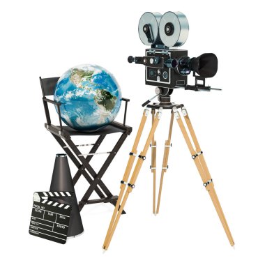 Dünya Sinematografi, küresel film endüstrisi kavramı. Beyaz arka plan üzerinde izole 3d render