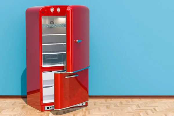 Άνοιξε Ψυγείο Κόκκινο Ρετρό Σχεδιασμό Δωμάτιο Στο Ξύλινο Πάτωμα Rendering — Φωτογραφία Αρχείου