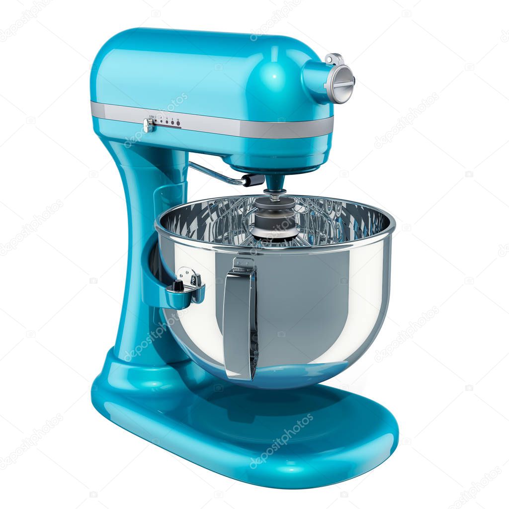 Blue stand kitchen mixer, retro design. 3D rendering isolated on white background