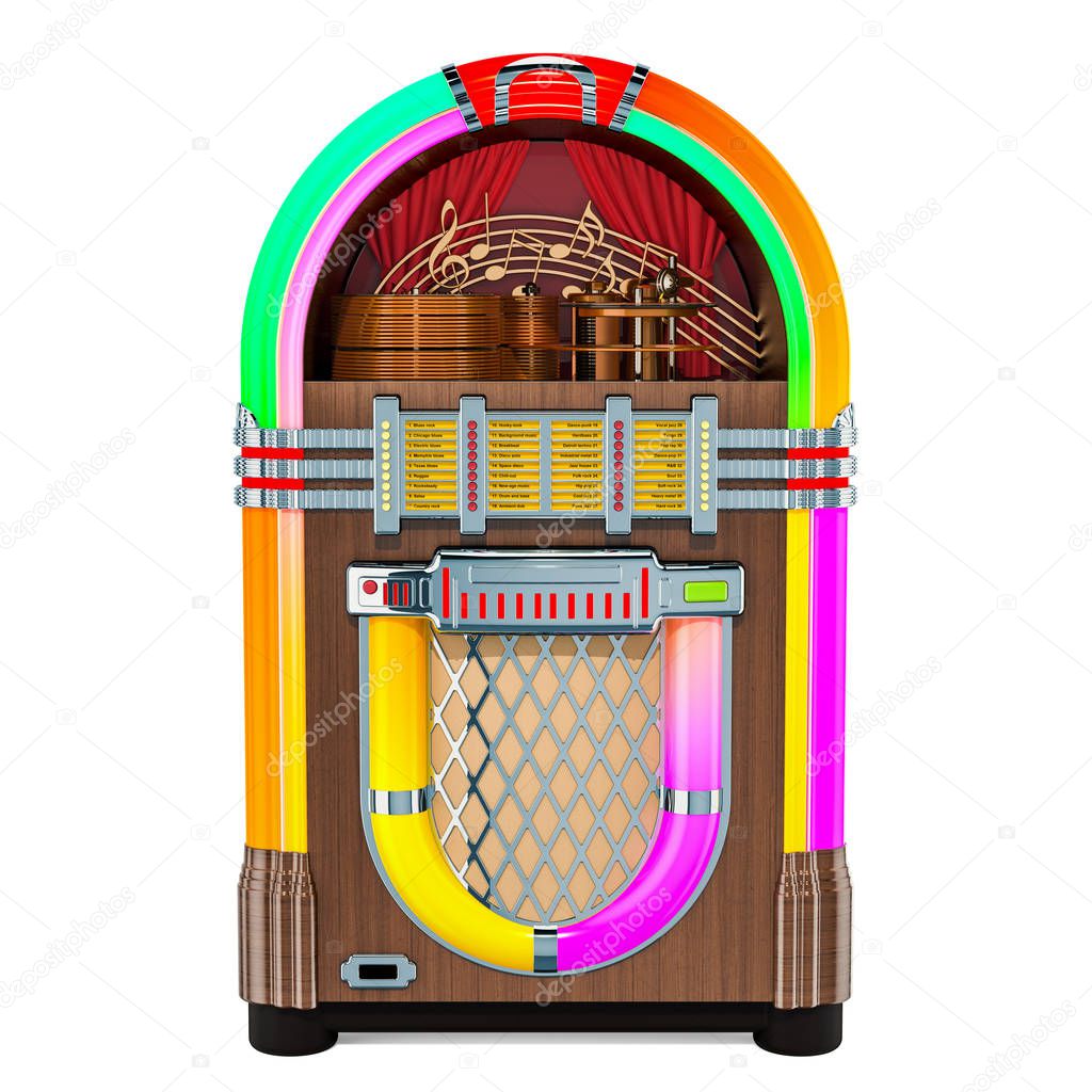 Vintage jukebox front view, 3D rendering isolated on white background