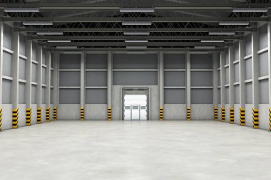Boş ambar iç veya endüstriyel bina. 3D render
