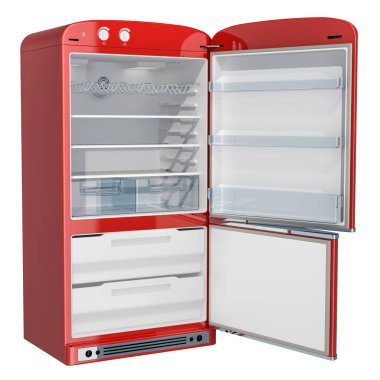 Açılan kırmızı buzdolabı, retro tasarımı. Beyaz arka plan üzerinde izole 3d render