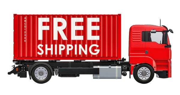 Darmowa Wysyłka Koncepcja Ciężarówka Przewozu Kontenerów Free Shipping Napis Renderowania — Zdjęcie stockowe