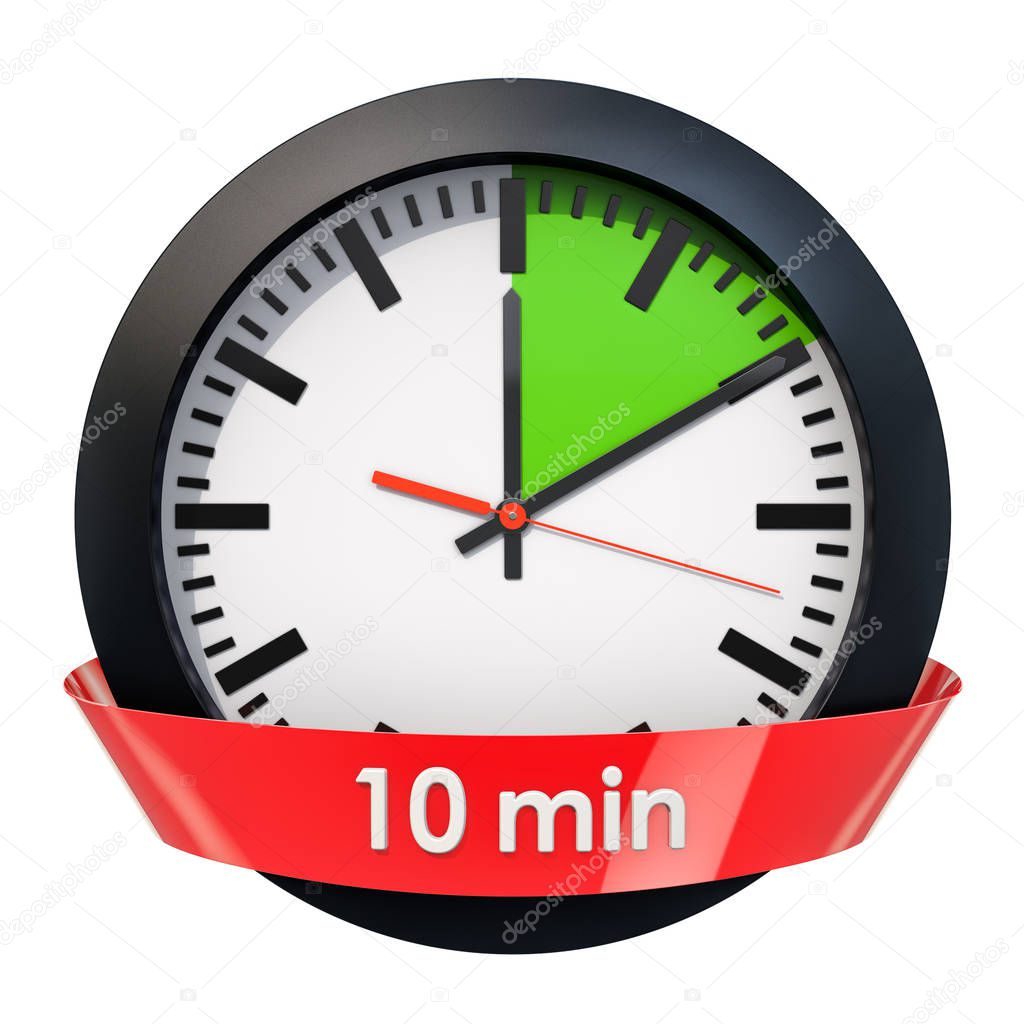 Clock face with 10 minutes timer. 3D rendering isolated on white background