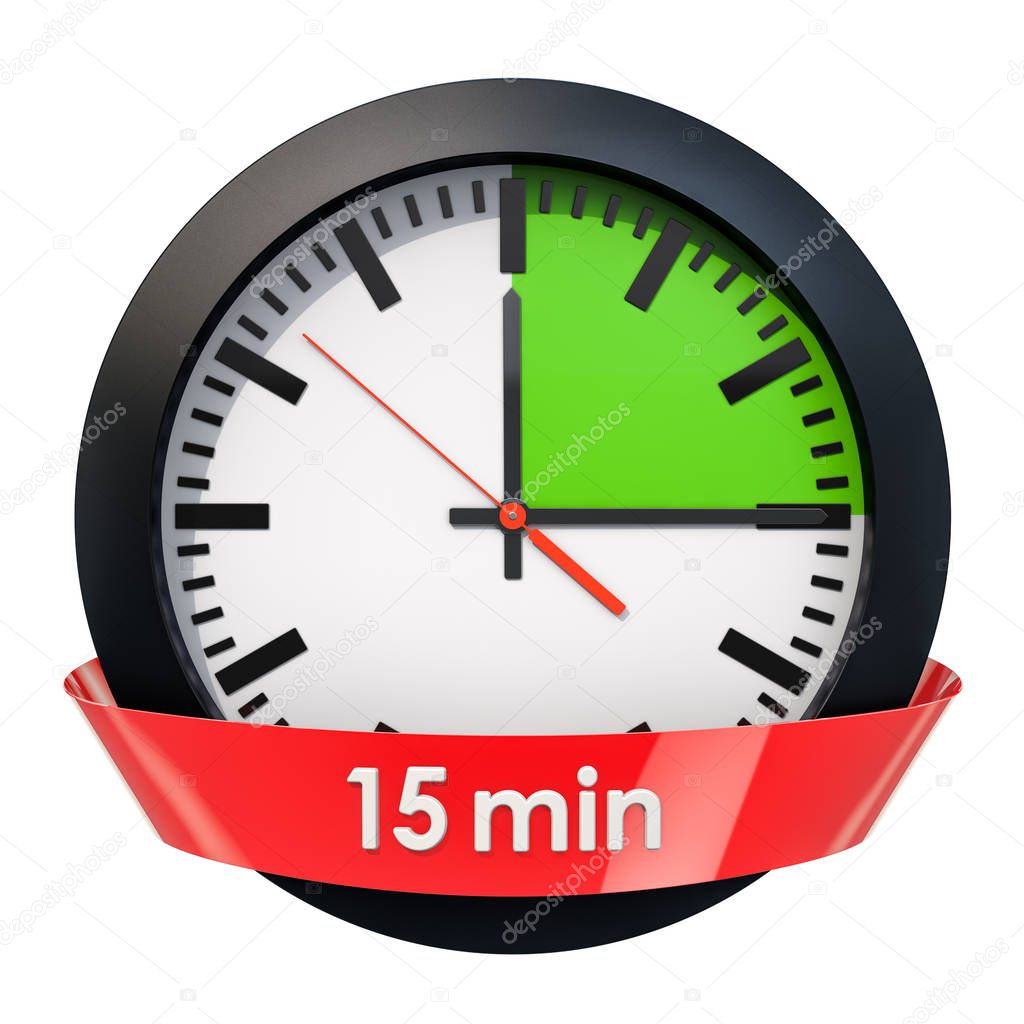 Clock face with 15 minutes timer. 3D rendering isolated on white background