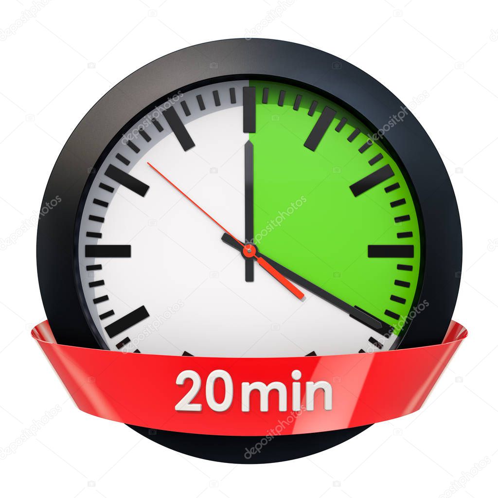 Clock face with 20 minutes timer. 3D rendering isolated on white background