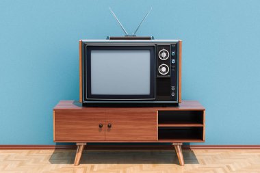 Retro Tv odada ahşap zemin, 3d render üzerinde kürsüye ayarla
