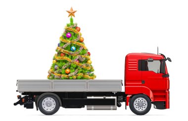 Noel ağacı ile kamyon. Hediye teslimat kavramı, beyaz arka plan üzerinde izole 3d render
