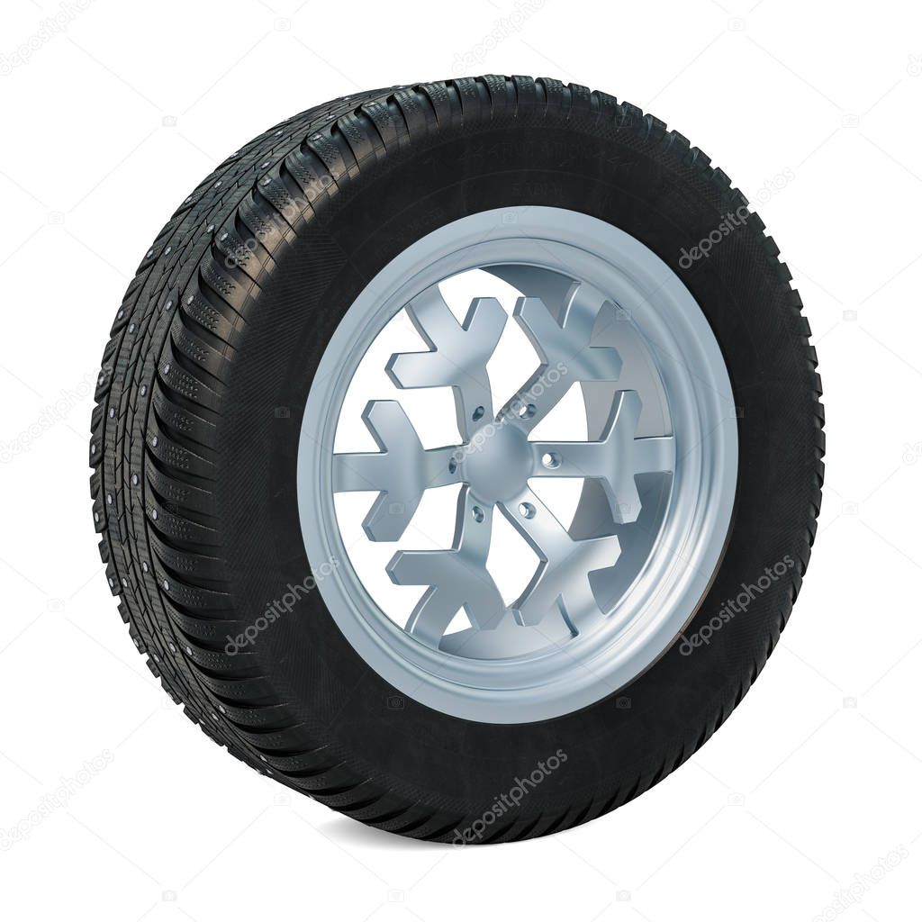 Car wheel with winter studded snow tire. Winter tire concept. 3D rendering isolated on white background