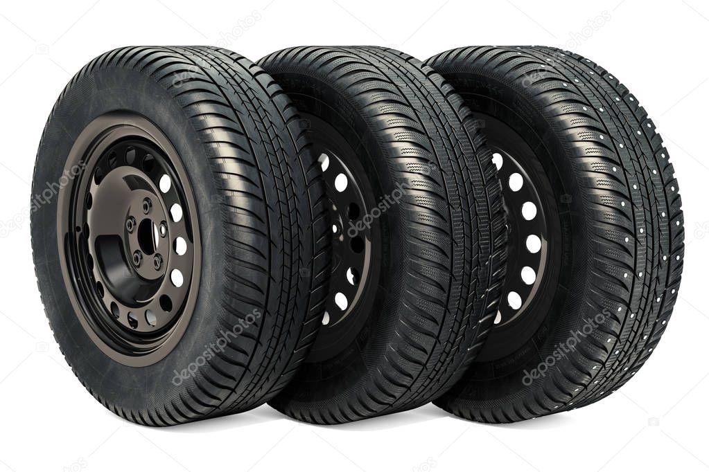 Car wheels with winter and summer tires. 3D rendering