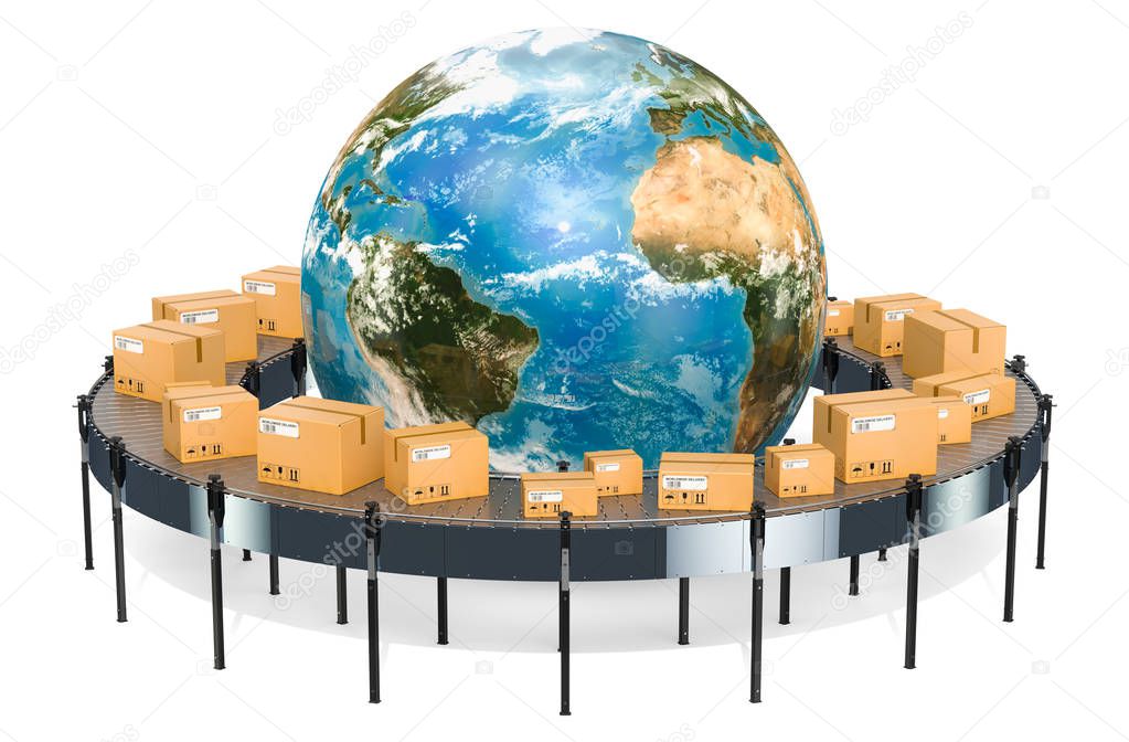 Global shipping and delivery concept, parcels cardboard boxes on conveyor belt around the Earth. 3D rendering