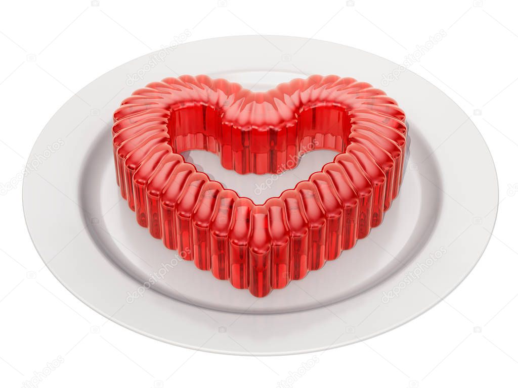 Red jelly heart on a plate, 3D rendering isolated on white background