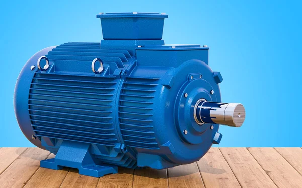 Blue Industrial Electric Motor Wooden Table Rendering — Stock Photo, Image