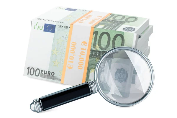 欧洲包与放大镜 财务分析概念 在白色背景查出的3D — 图库照片