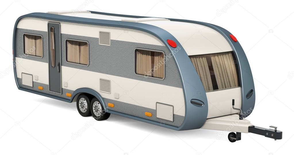 Caravan, travel trailer. 3D rendering isolated on white background