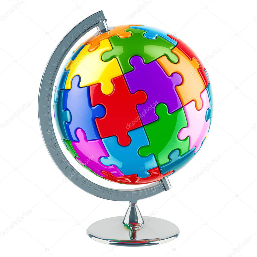 Geographical globe of planet Earth from colored puzzles. 3D rendering isolated on white background