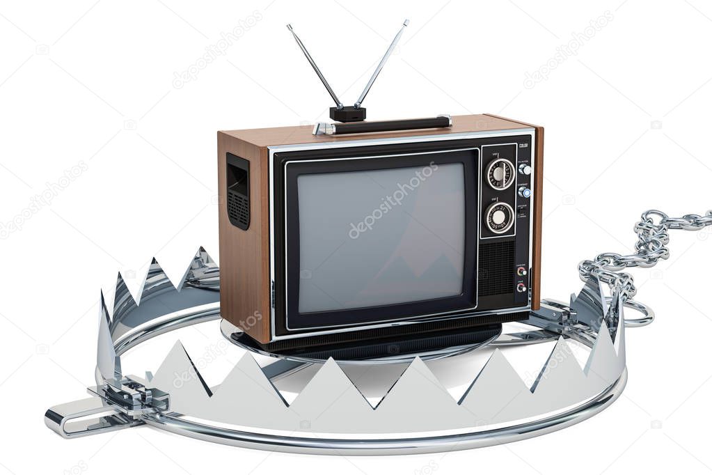 TV set inside bear trap. TV dependence concept, 3D rendering isolated on white background