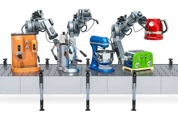 Brazos Robóticos Con Electrodomésticos Cocina Cinta Transportadora Representación — Foto de Stock