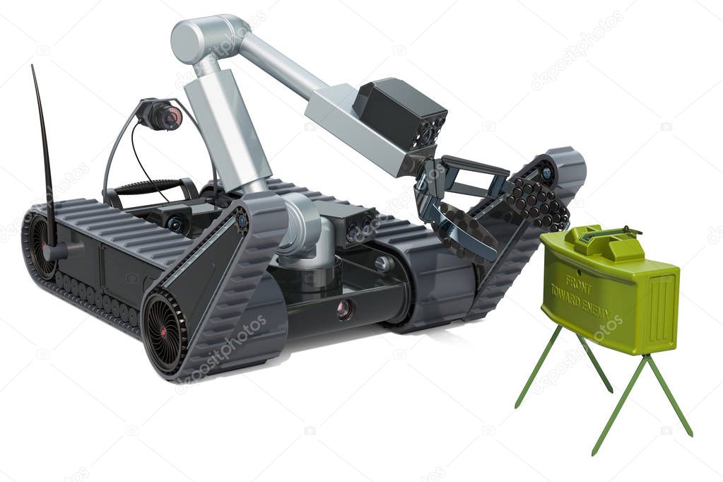 Bomb disposal robot with anti-personnel mine, 3D rendering isolated on white background