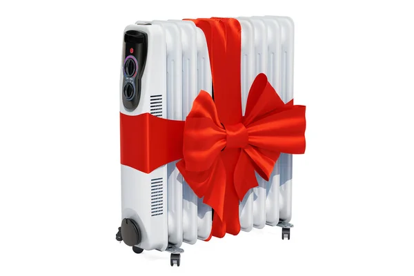 Electric oil heater, oil-filled radiator with red ribbon and bow