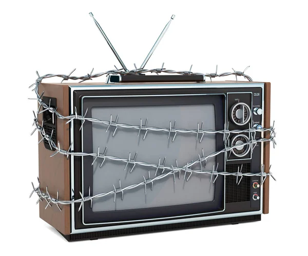 Fernseher mit Stacheldraht. Verbotenes Fernsehkonzept. 3D-Darstellung — Stockfoto