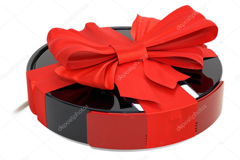 Gift concept, robotic vacuum cleaner with red ribbon and bow. 3D rendering isolated on white background
