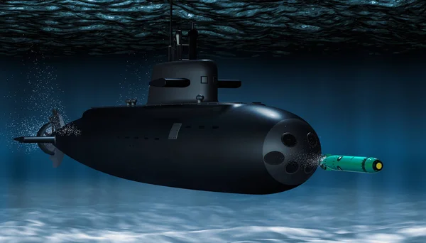Submarino Com Torpedo Subaquático Renderização — Fotografia de Stock
