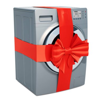 Hediyelik konsepti, kırmızı kurdele ve yay ile çamaşır makinesi. Beyaz arka plan üzerinde izole 3d render