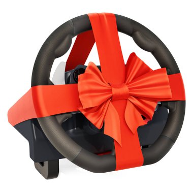 Direksiyon simidi şerit ve yay, Hediyelik konsepti ile oyun. Beyaz arka plan üzerinde izole 3d render