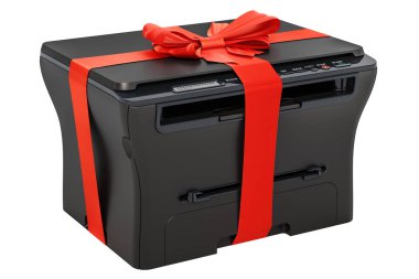 Çok işlevli yazıcı Mfp şerit ve yay, Hediyelik konsepti ile. Beyaz arka plan üzerinde izole 3d render