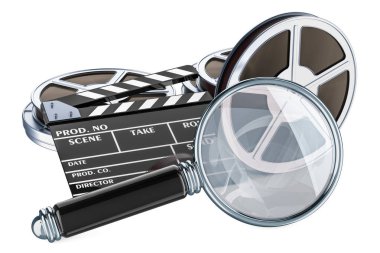 Büyütece Klaket ve film makaraları. Beyaz arka plan üzerinde izole 3d render