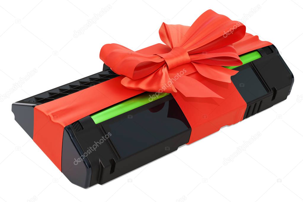 Toner cartridge wrapped ribbon and bow. 3D rendering isolated on white backgroun