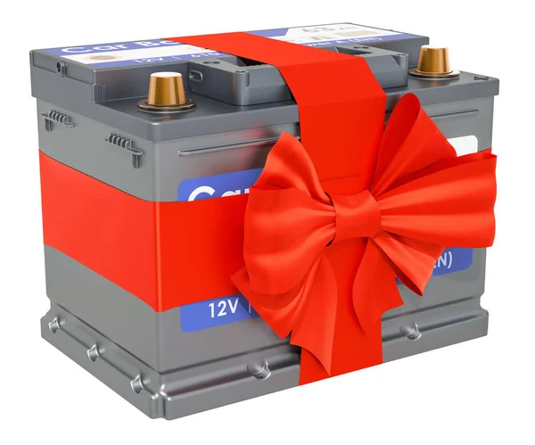 Car Battery Bow Ribbon Gift Concept Rendering Isolated White Background — Stock Photo, Image