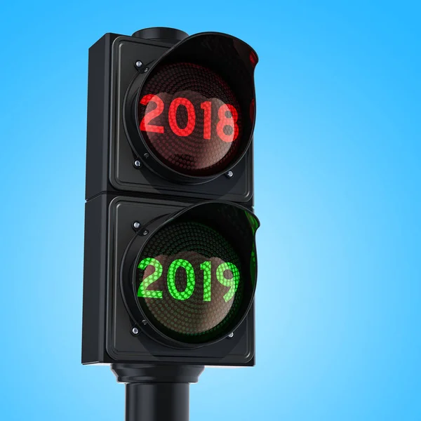 Semáforo Com Luz Verde 2019 Fundo Céu Feliz Ano Novo — Fotografia de Stock