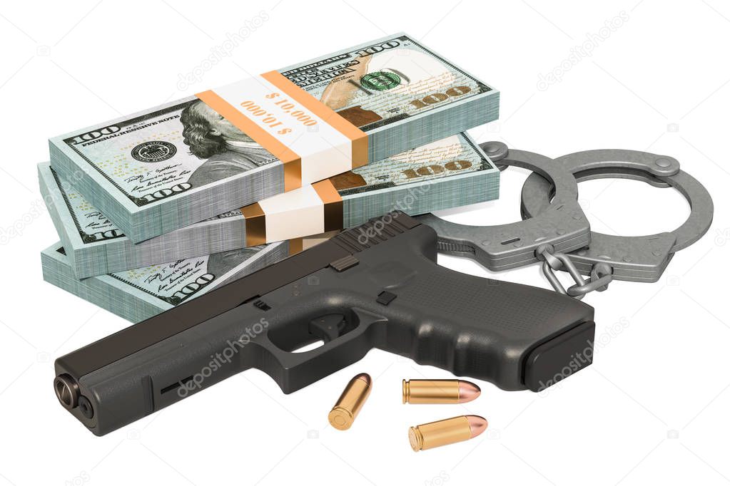 Handcuffs, gun and dollar packs. Crime concept. 3D rendering isolated on white background